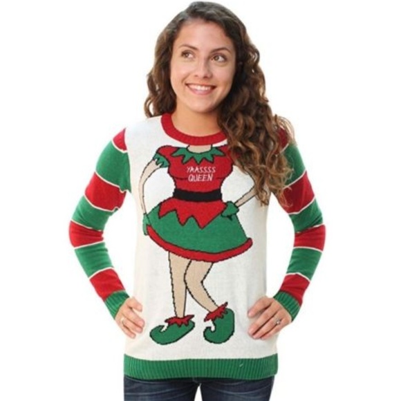 ugly christmas sweater sweaters womens yaassss queen elf poshmark ugly christmas sweaters elf